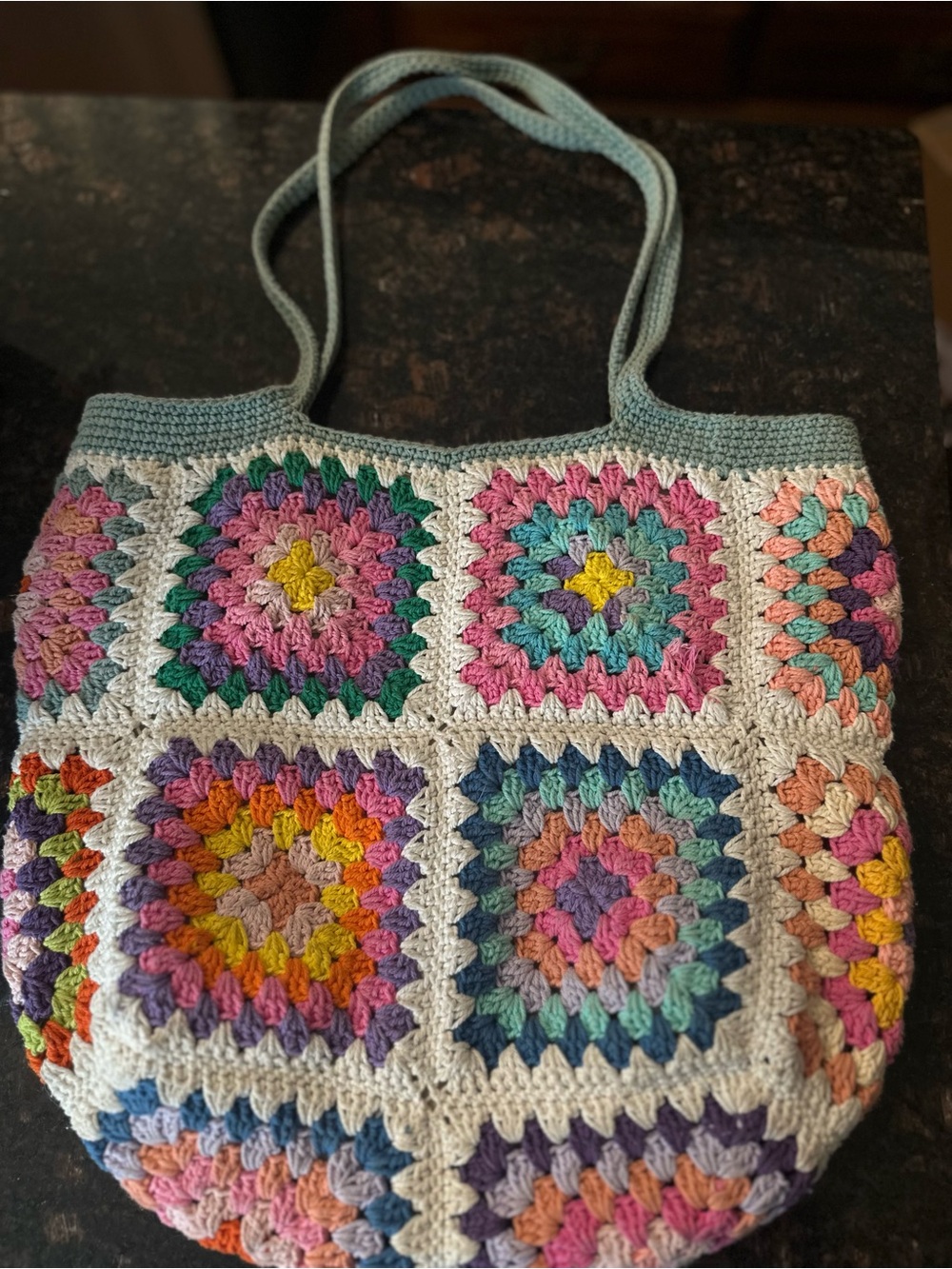 Handmade Multicolor Crochet Tote Bag - Cream Trim